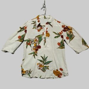 Vintage Floral‎ Blouse Womens Medium 3/4 Sleeve Linen Blend Pearl Button Boho